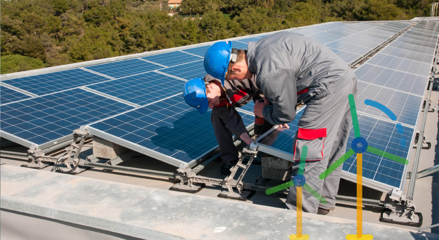 Two men wearing helmets and overalls outside working on solar panels